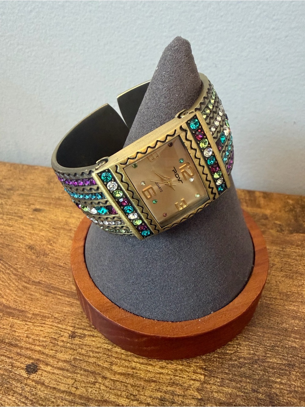 P.O.V. Wide Crystal Cuff Bracelet Watch Working New Battery Gold Tone Multicolor
